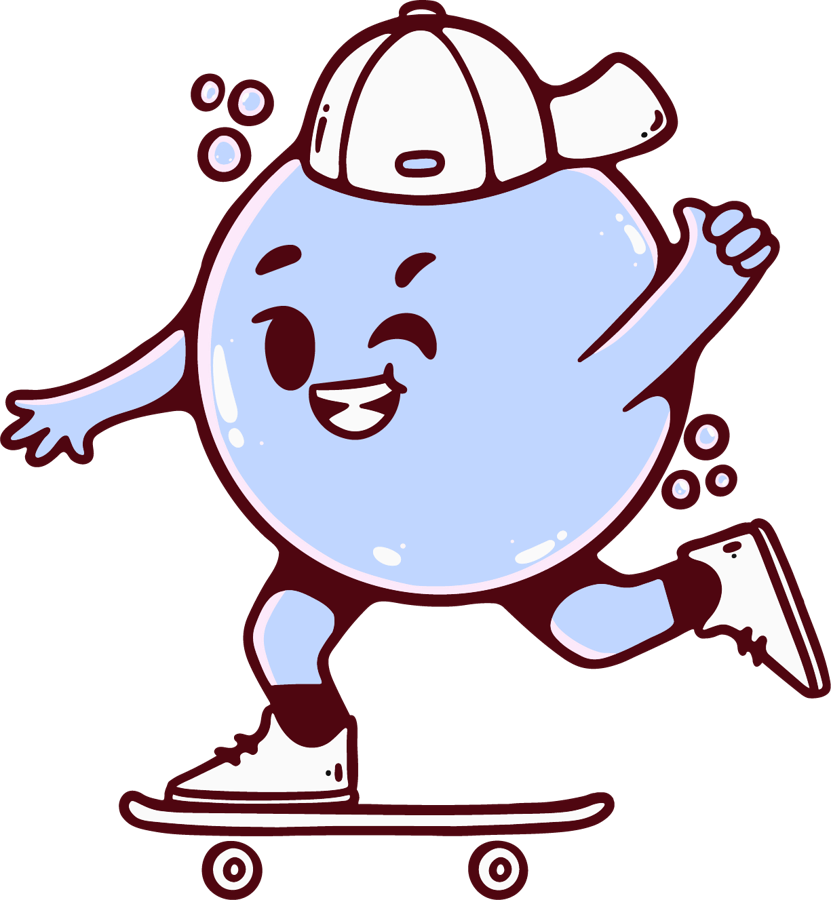 Blue Mönkii mascot on a skateboard