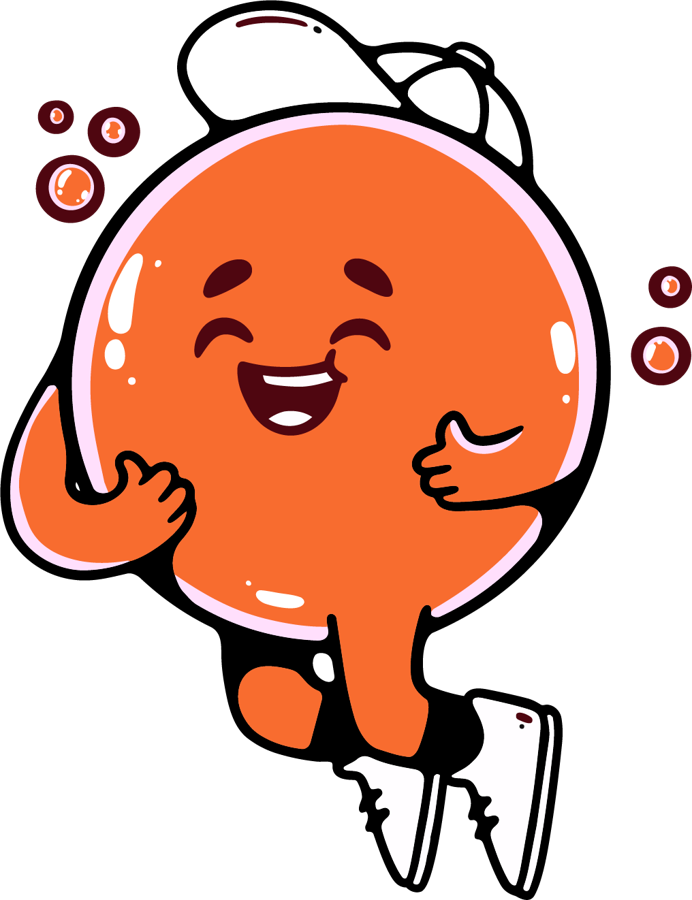 Orange Mönkii mascot jumping